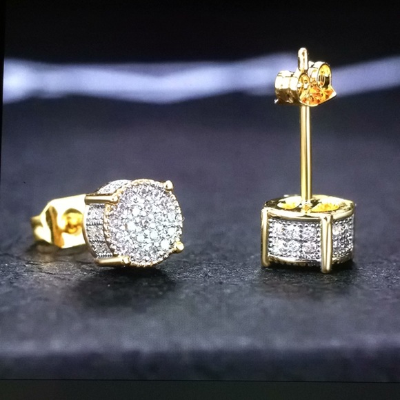 Two tone gold silver round bling icy shiny earring - Picture 1 of 2